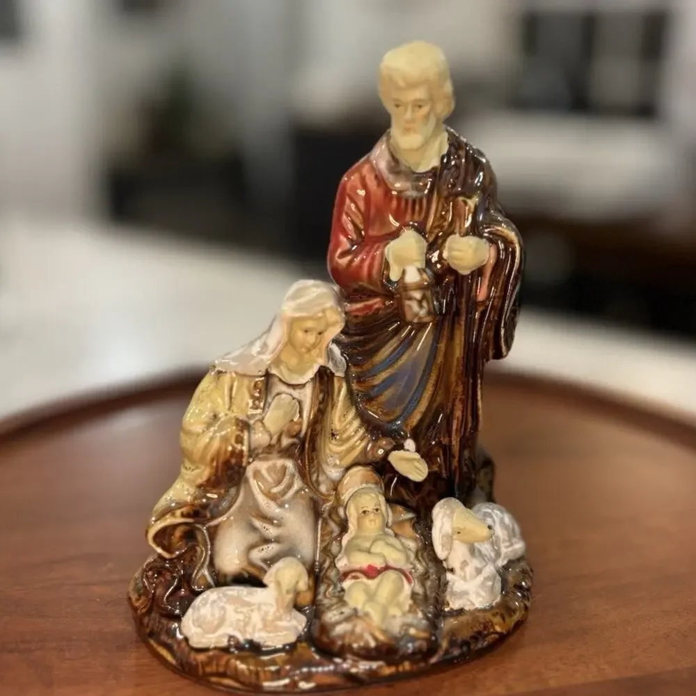 Vintage Ceramic Nativity Scene Figurine Mary Joseph Baby Jesus‎ Sheep Statue